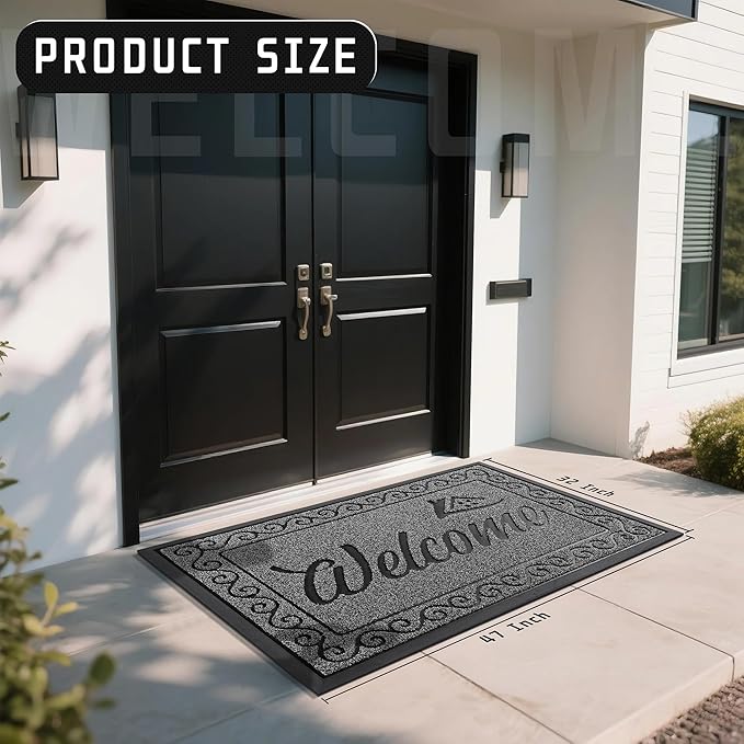 Yimobra Welcome Mat, Heavy Duty Sturdy Door Mats for Home Entrance Outdoor Indoor, Front Doormat for Outside Patio Floor Entry Porch Garage Office, Waterproof, Low Profile, 47X32 Inches, Black Grey-Ruum Studio Home