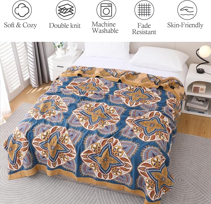 Snycler Boho Throw Blanket for Bed - 100% Cotton Ultra Soft Rustic Quilt Blanket Orange Green Printed Farmhouse Decor Bed Blankets, 80"×90" All Season Rustic Throw for Sofa Couch Chair-Ruum Studio Home