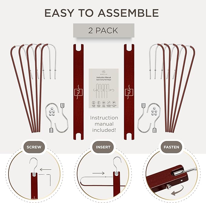 MORALVE Pants Hangers Space Saving - 2 Pack European Beechwood Scarf and Jean Hangers - Closet Organizer and Space Saver Pant Rack, Leggings Hanger, and Scarf Holder with 360° Swivel Hook-Ruum Studio Home