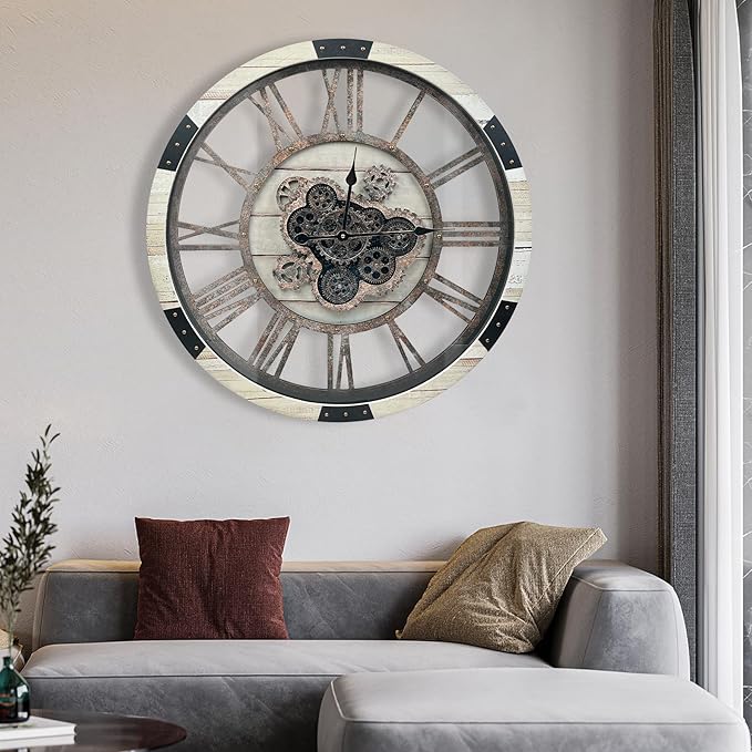 DORBOKER 30" Large Wall Clock Moving Gears,Oversized Industrial Rustic Farmhouse Clocks for Living Room Decor Office Home, Solid Wood Retro Metal HD Tempered Glass Cover,Desert Beige-Ruum Studio Home