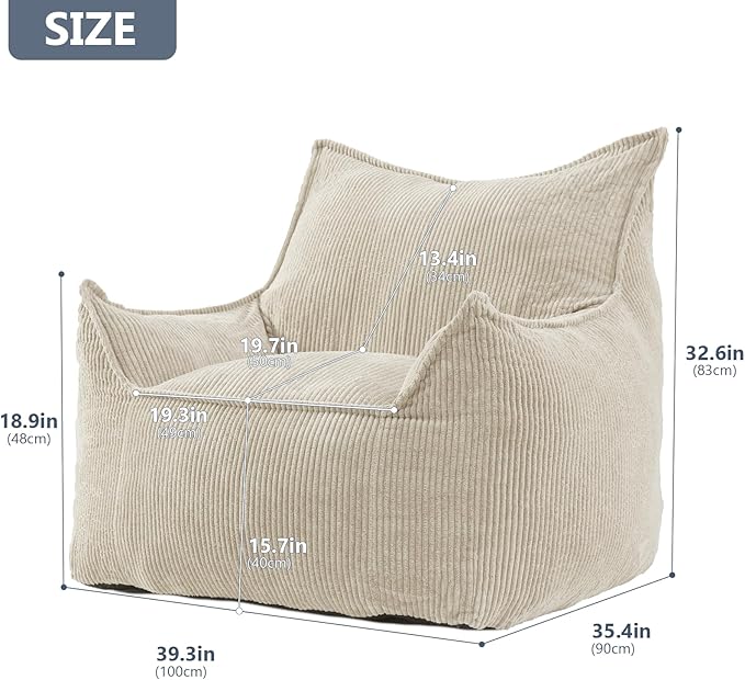 Giant Bean Bag Chair Sofa for Adults Teens, Comfy Corduroy Large Bean Bag Chairs with Armrests for Bedroom Living Room, Adult BeanBag Lazy Sofa Couch Chairs with Filler Included-Ruum Studio Home