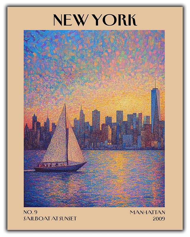 Retro Vintage New York Wall Art Print - 11x14 Unframed Poster - New York City Souvenirs, Cute Trendy Colorful Wall Decor (Sunset Sailboat, 11x14")-Ruum Studio Home