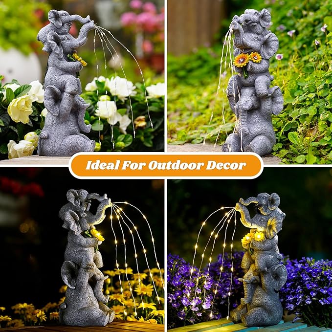 Solar Garden Decor Elephant Statue Outdoor, Luck Triple Elephant Decorations for Yard Porch Lawn Patio - Ideal Gifts for Women Mom Grandma Senior Elder or Birthdays 12"-Ruum Studio Home