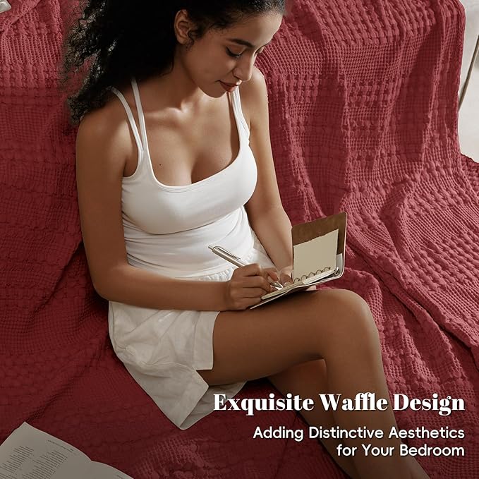 PHF 100% Cotton Waffle Weave Blanket Queen Size, Soft Lightweight Breathable Cozy Summer Blankets for Bed, Luxury Aesthetic Woven Bedding for Home Decor, 90"x90", Wine Red-Ruum Studio Home
