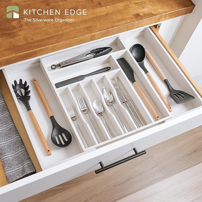 Premium Silverware, Flatware and Utensil Organizer for Kitchen Drawers, Food-Safe Contract Grade, Expandable from 14.5 to 25 In, White Bamboo-Ruum Studio Home