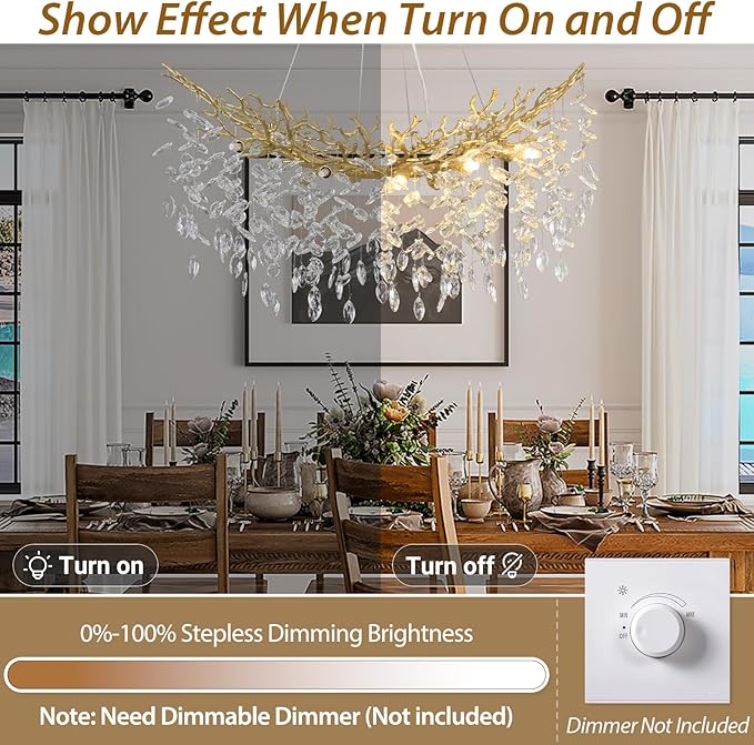 Modern Crystal Gold Chandelier, 36" Large Rectangular Oval Tree Branch Crystal Chandeliers for Dining Room,16-Light Flush Mount K9 Crystal Chandeliers, for Kitchen Island,Dining Room-Ruum Studio Home