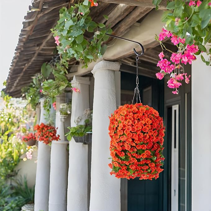 Artificial Fake Hanging Flowers Plants Baskets for Outdoor Fall Decoration, Faux Silk Orange Morning Glory in Planter UV Resistant Look Real for Home Porch Patio Balcony Yard Decor-Ruum Studio Home
