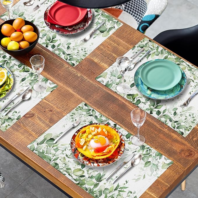 Sage Green Leaf Placemats Set of 4 Eucalyptus Leaves Place Mats 12×18 Inch Spring Summer Rustic Vintage Farmhouse Washable Linen Fabric Table Mats for Party Kitchen Dining Outdoor Indoor Decor-Ruum Studio Home