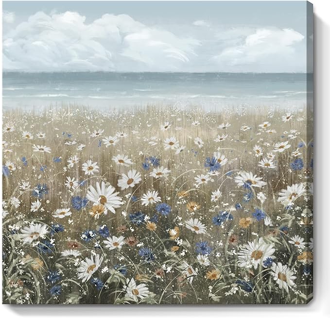 Canvas Wall Art Beach Floral Wall Picture Coastal Boho Farmhouse Daisy Flowers Nautical Sea Ocean Wildflowers Canvas Print Vintage Artwork for Small Rustic Bathroom Bedroom Living Room Office Décor-Ruum Studio Home