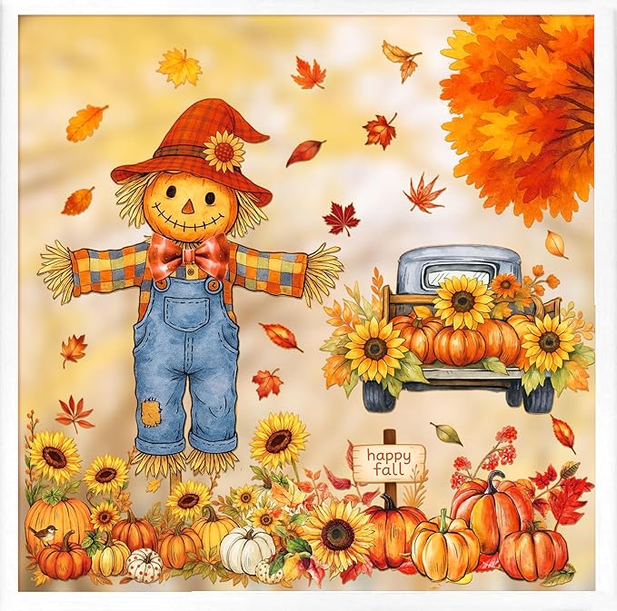 Fall Window Clings - 9 Sheets 116 Pcs Fall Decorations for Autumn Thanksgiving Harvest Home Party, Pumpkin Leaves Truck Maple Sunflowers Stickers for Glass, Double-Sided Static Window Decals-Ruum Studio Home