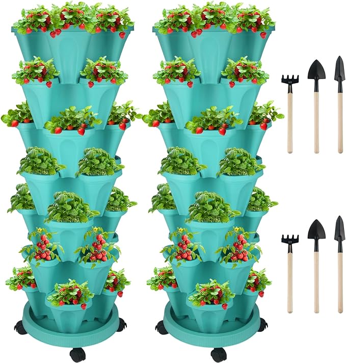 Vertical Planter 7 Tier Stackable Planters Garden Planters Strawberry Herb Flower and Vegetable Planter Indoor Outdoor Gardening Pots with Removable Wheels and Tools-Ruum Studio Home