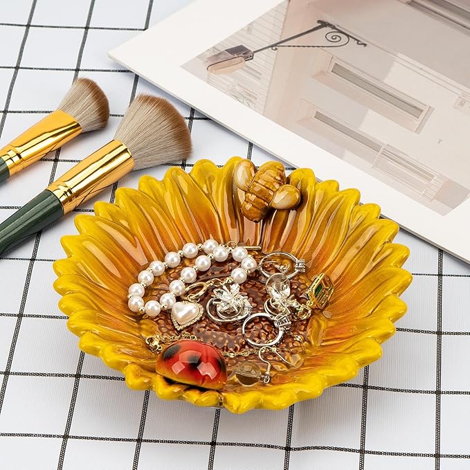 Sunflower Jewelry Dish Trinket Tray Ceramic Key Tray Bowl for Entryway Table, Sunflower Candy Dish Soap Holder Gift Decorative Bowl for Home Decor Kitchen Bathroom Sink (Bee, Ladybug)-Ruum Studio Home