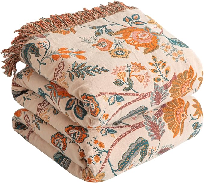 Boho Throw Blanket for Bed 80”x90”, 100% Cotton Woven Blanket for Couch Sofa, Ultra Soft 4-Layer Muslin Quilt with Floral Printed, Farmhouse Bed Blanket/Cover for Living Room Decor-Ruum Studio Home