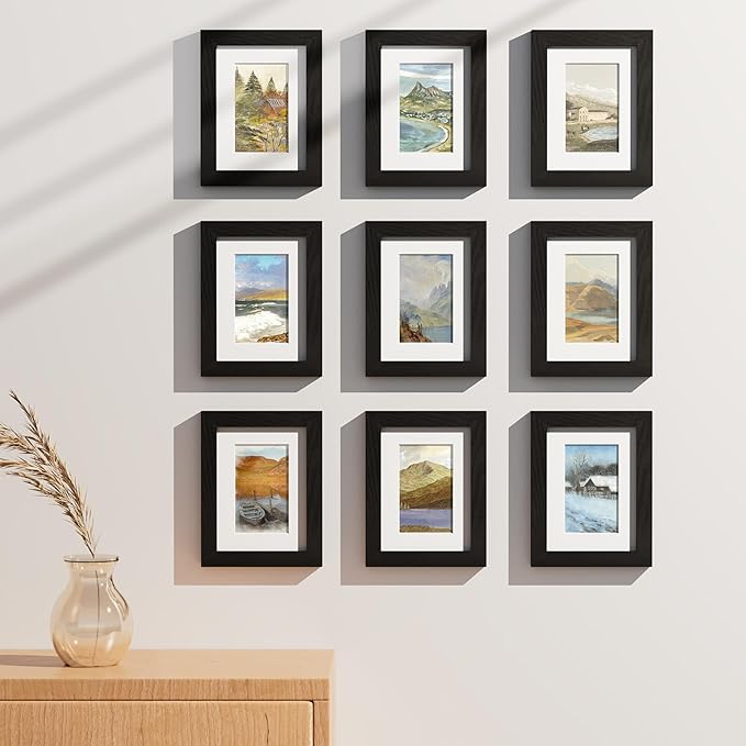 Vittanly 6x8 Picture Frames Set of 9, Shatter Resistant Plexiglass, Display 4x6 Pictures with Mat or 6x8 without Mat, Photo Frames for Wall or Tabletop, Engineered Wood, Black-Ruum Studio Home