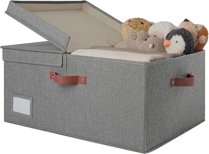 GRANNY SAYS Large Storage Bins With Lids, Decorative Boxes, Fabric Containers With Double-Open Lid and Divider, Collapsible Clothes Organizers, 63L Linen for Closet, Dark Gray-Ruum Studio Home