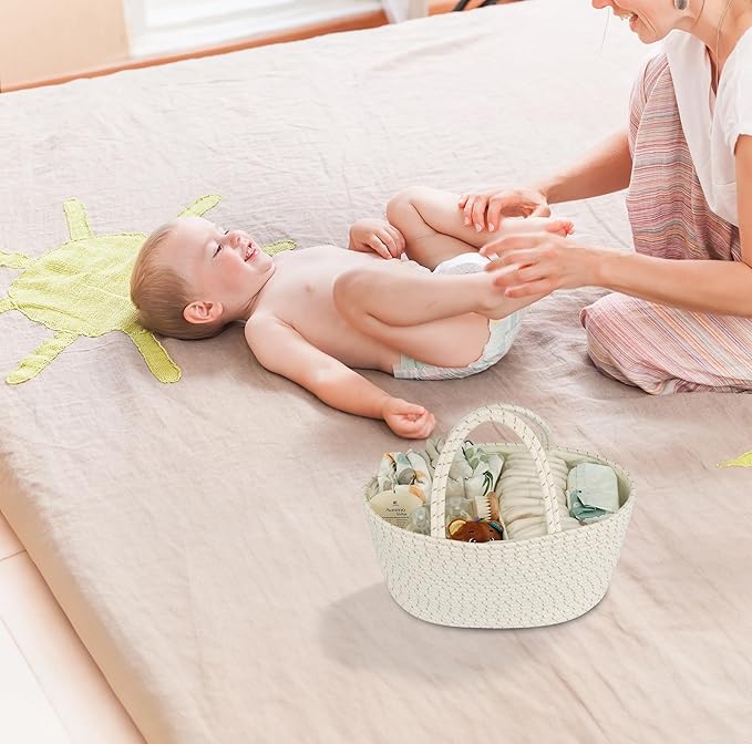Diaper Caddy Organizer Cotton Rope Baby Basket Nursery Storage and Portable Tote Bag for Car Ideal Baby Shower Gifts and Registry Must-Have for Newborn Essentials Large striped-Ruum Studio Home