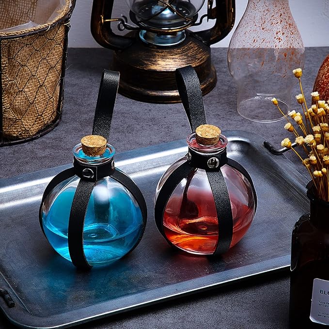 Patelai 6 Pcs Halloween Glass Potion Bottles with Belt Cork Renaissance Witch Costume Accessories Witch Props Potion Bottle for Halloween Party Decor Cosplay DIY Crafts Gift (Black)-Ruum Studio Home