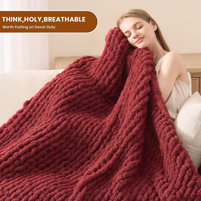 L'AGRATY Chunky Knit Blanket Throw: 60''x80'' Chenille Chunky Knitted Throw Blankets for Twin Bed Couch - Handmade Thick Cable Knit Blanket - Large Crochet Rope Blankets for Home Decor(Maroon Red)-Ruum Studio Home