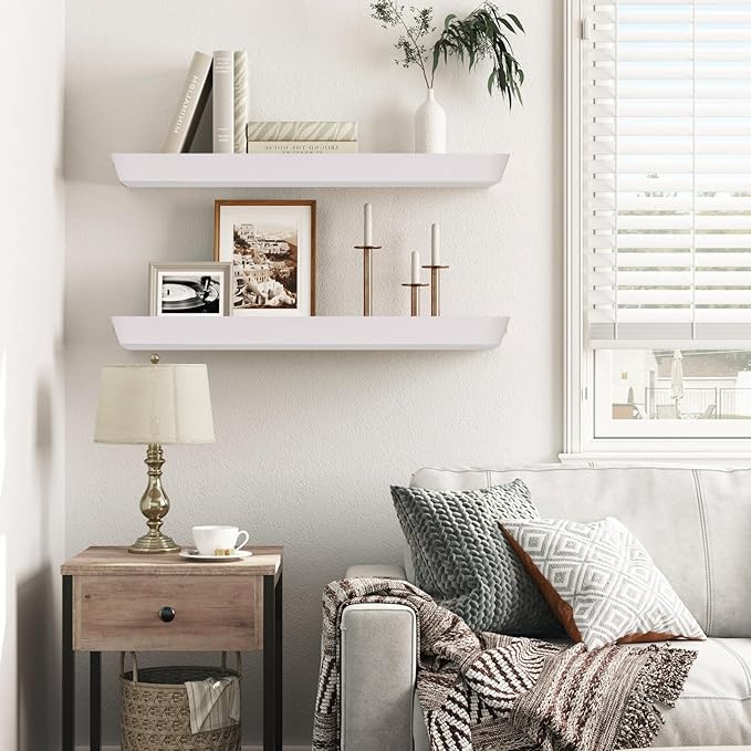 24"x6.8"x1.6" Slanted Floating Wall Shelves 2-Pack - Rustic White Finish, Heavy-Duty Solid Wood Design with Hidden Brackets - Perfect for Living Room, Kitchen, Bathroom, or Office-Ruum Studio Home