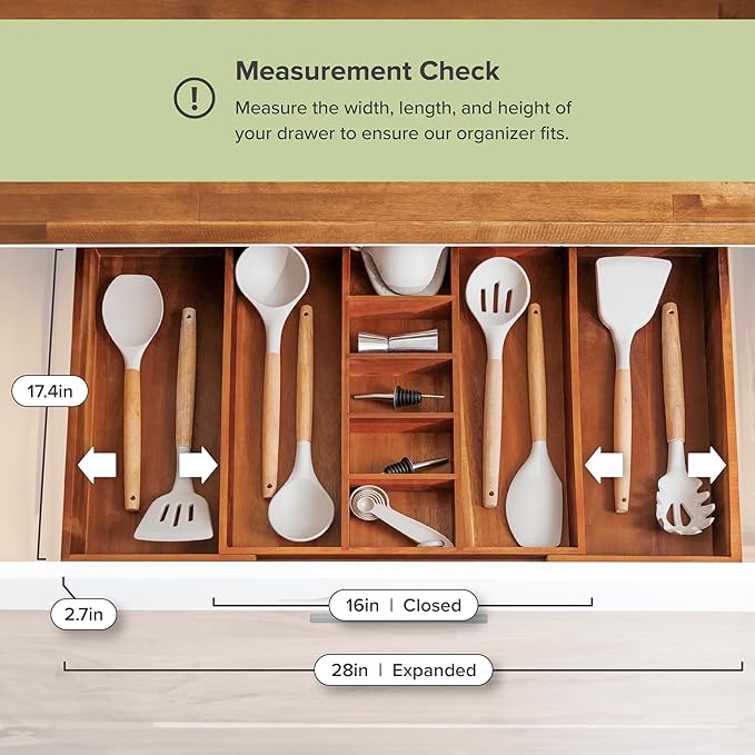 Adjustable Kitchen Drawer Organizer for Utensils and Junk, Food-Safe Contract Grade with 100% Sustainable Wood, Non-Slip, Expandable from 16" to 28" Wide - Natural Acacia-Ruum Studio Home