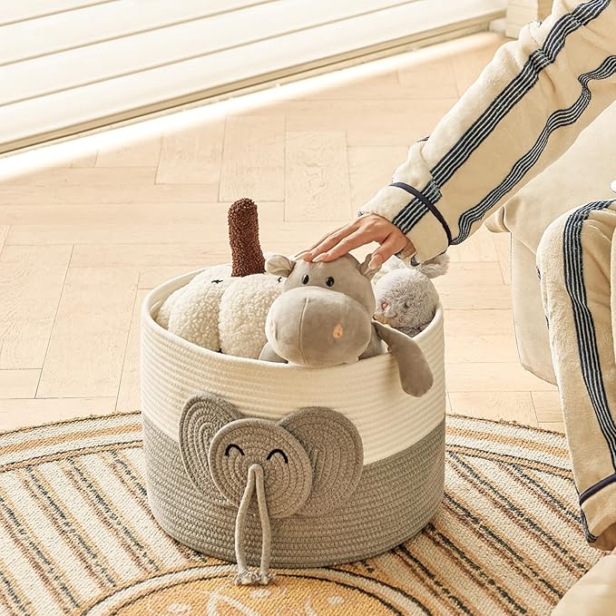 Large Baby Cute Storage Basket for Organizing -Elephant White & Grey 15""x15""x11"", 2024282319065-Ruum Studio Home