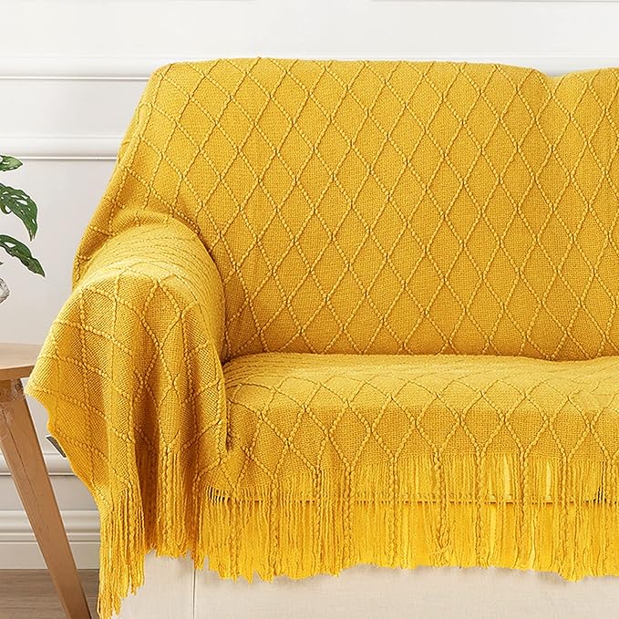 inhand Knitted Fall Throw Blanket for Couch and Bed, Knit Fall Decor Halloween Blanket with Tassel, Mustard Yellow Lightweight Decorative Farmhouse Warm Woven Blankets and Throws for Women, 60"x80"-Ruum Studio Home