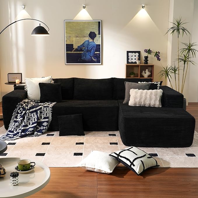 ovios 104" Cloud Sectional Couch with L-Shape Chaise,Modern Modular Sofa with Deep Seat, Upholstered Couches for Living Room Bedroom,No Assembly Required, Black (Corduroy Fabric)-Ruum Studio Home