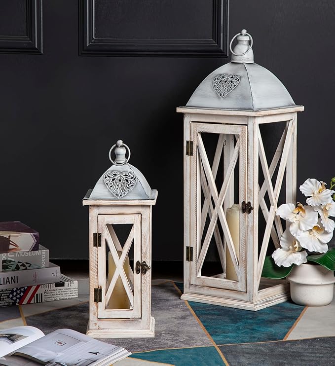 Set of 2 Large Farmhouse Wooden Metal Lanterns, Rustic Decorative Floor Candle Lanterns, Whitewash Distressed Hanging Lanterns for Home Decor (No Glass)-Ruum Studio Home