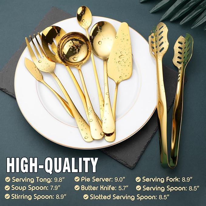 Gold Serving Utensils, OGORI 12-Piece Stainless Steel Serving Utensils Include Serving Spoons, Slotted Spoons, Serving Tongs, Serving Forks, Butter Knife, Stirring Spoon, Soup Ladle, Pie Server-Ruum Studio Home