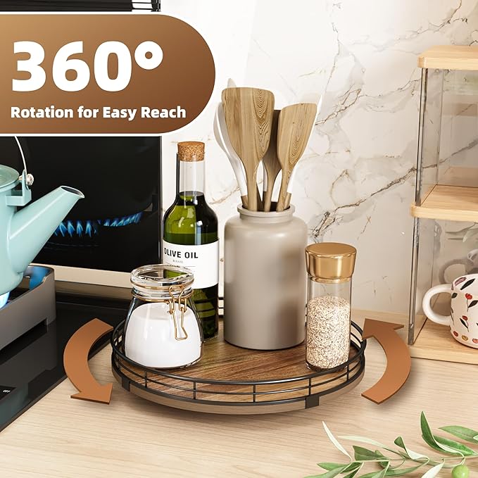 Acacia Wood 10" Lazy Susan Turntable Organizer for Table Top, Farmhouse Round Wooden Lazy Susan for Cabinet Kitchen Centerpieces Coffee Table, for Condiments Spices, Bathroom Vanity Tray Decor-Ruum Studio Home