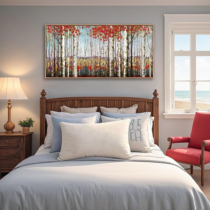 Large Framed Wall Art for Living Room Birch Tree Wall Decor Red Forest Painting Artwork Wall Decoration Nature Pictures Wall Art Fall Above Bed Wall Decor-Ruum Studio Home