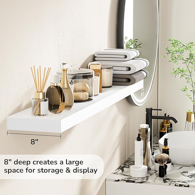 Fun Memories 48 Inch Floating Shelves - Fireplace Mantel Shelf - Deep Wall Mounted Wood Storage Shelf for Bedroom, Kitchen, Farmhouse - 1 Pack, Rustic White-Ruum Studio Home
