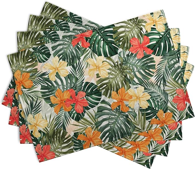 Tropical Palm Leaves Table Mats Set of 4 Summer Watercolor Hibiscus Flower Leaf Placement Mats for Dining Table Washable Non-Slip Heat Resistant Linen Place Mat 12×18 Inch-Ruum Studio Home