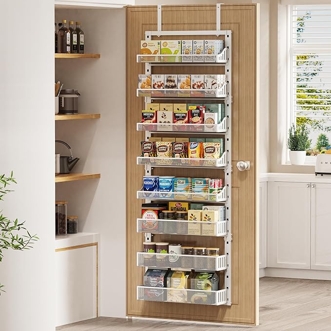 Over the Door Pantry Organizer 8-Tier, Large Metal Door Spice Rack with Adjustable Basket, 2 in 1 Wall Mount or Hanging Heavy-Duty Pantry Door Storage Shelf for Kitchen and Bathroom, White-Ruum Studio Home
