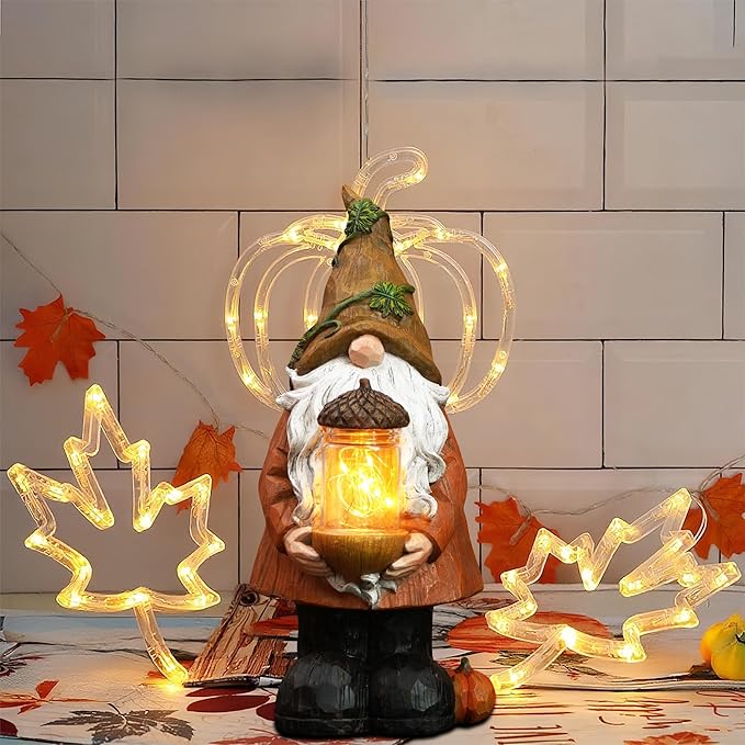 Topadorn Fall Garden Gnome Statue Light, Autumn Harvest Gnome Figurine with Pine Cone on Hand for Fall Harvest Party Thanks, Autumn Thanksgving Gifts for Famliy-Ruum Studio Home