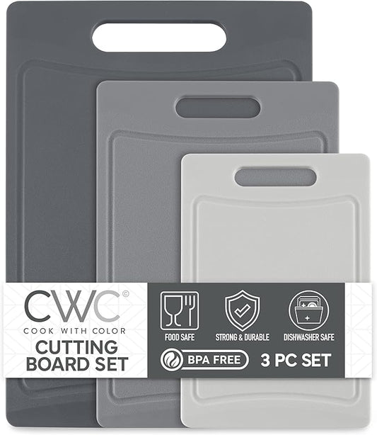 COOK WITH COLOR Non-Slip Cutting Board Set – Kitchen Essentials with Easy Grip Handle for Meat, Veggies, and Fruits, 3 Cutting Boards, Gray-Ruum Studio Home