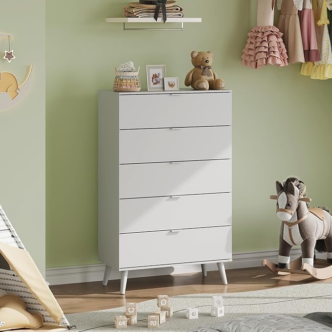 WLIVE 5 Drawer Dresser for Bedroom, Tall Wood Dresser, White Dressers Storage Organizer with Sturdy Metal Handle, Chest of Drawers for Living Room, Hallway, Closet-Ruum Studio Home