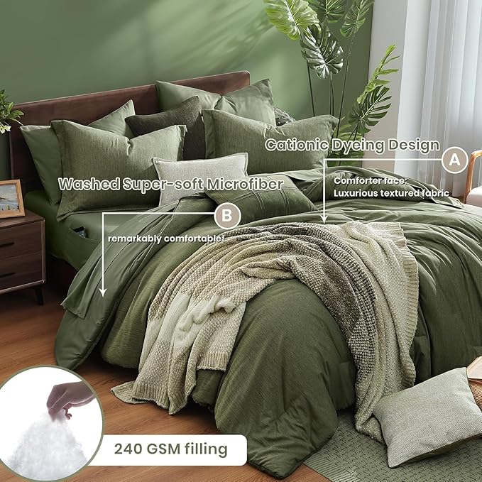 Monbix California King Comforter Set - 7 Pieces Cationic Dyeing Olive Green Bed in a Bag Cal King Bedding Sets with Comforter, Sheets, Pillowcases & Shams, Reversible Bedding Comforters Sets(108 * 92)-Ruum Studio Home