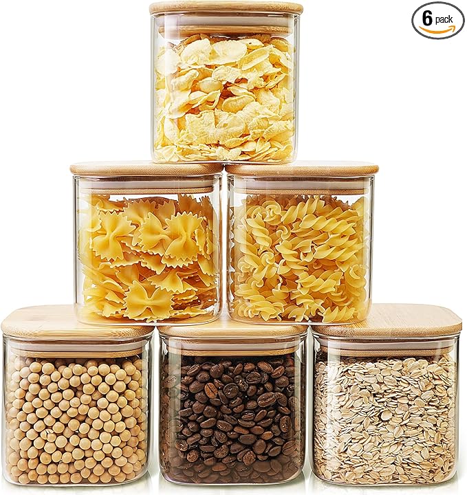 Square Glass Jars with Bamboo Lids 27 FL OZ [Set of 6], Glass Canisters with Airtight Lids, Glass Food Storage Containers for Coffee, Sugar, Tea, Candies, Cookies,Best for Kitchen & Pantry-Ruum Studio Home