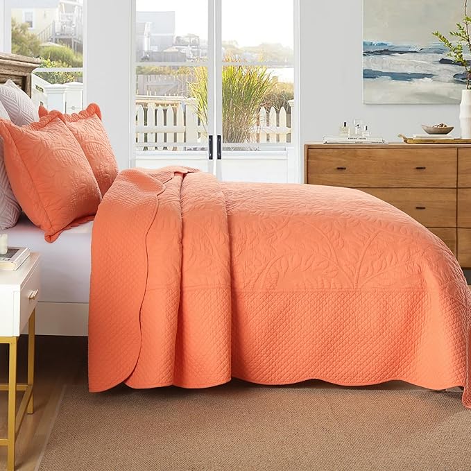MarCielo 3-Piece 100% Cotton Oversized Bedspread Lightweight Quilt Coverlet Embroidery Farmhouse Bedding Set T0 (Salmon, Oversized Queen (100"x106"))-Ruum Studio Home