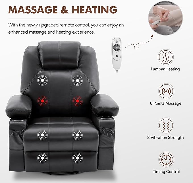 Swivel Rocker Recliner Chair with Heat and Massage, 360 Degree Swivel Rocking Single Sofa with Cup Holders and USB Port, Large Big Recliner Chair for Living Room (Leather, Black)-Ruum Studio Home