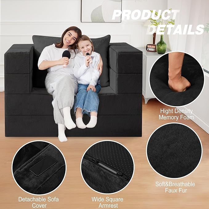 Folding Bean Bag Chair for Adults,3-in-1 Bean Bag Couch Faux Fur Floor Sofa Large Beanbag Convertible Bean Bag Sofa Bed with Pillow in Bedroom,Living Room,Apartment(Twin,Black)-Ruum Studio Home