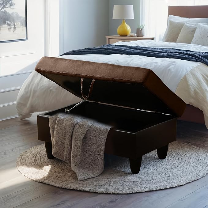 Ottoman Rectangular Storage Ottoman Bench, Flannel Footrest Stool Footstool with Lid for Living Room, Bedroom, Entryway, Brown&Black, 35"x23.5"x17.5"-Ruum Studio Home
