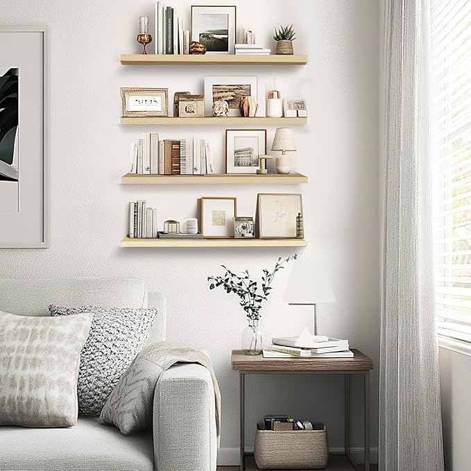 Floating Wall Shelves 4-Pack - Rustic Wood 16-inch Wooden Wall Shelves for Storage and Décor, Multi-Functional and Easy to Install for Living Room, Bedroom, and Kitchen-Ruum Studio Home