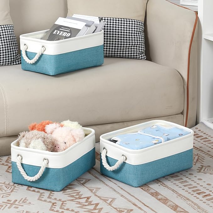 Bidtakay Small Storage Baskets for Shelves 3 Pack Fabric Storage Bins for Organizing Linen Collapsible Organizer for Closet-White&Teal-Ruum Studio Home