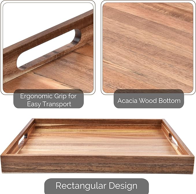 Acacia Wood Serving Tray with Handles Set of 2 – Decorative Serving Trays Platter for Breakfast in Bed, Lunch, Dinner, Patio, Ottoman, Coffee Table, BBQ, Party –Great for Lap &Couch-Ruum Studio Home