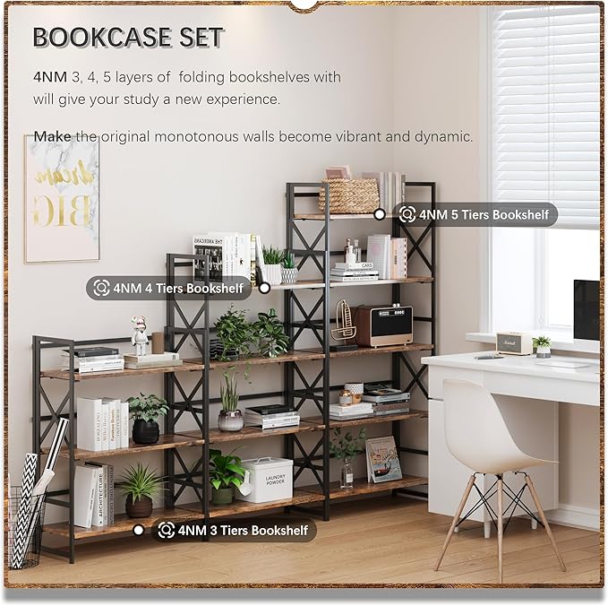 4NM 5 Tiers No Assembly Book Shelves, 51.2" H Folding Bookshelf Bookcase Open Industrial Foldable Shelves for Bedroom, Living Room, Home Office - Rustic Brown Black-Ruum Studio Home