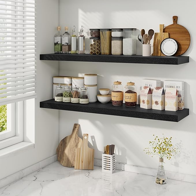Fun Memories 40" Rustic Wood Floating Shelves with Invisible Brackets for Storage & Decor, Deep Wall Mounted Shelves for Bathroom, Kitchen, Living Room (Black, Set of 2)-Ruum Studio Home