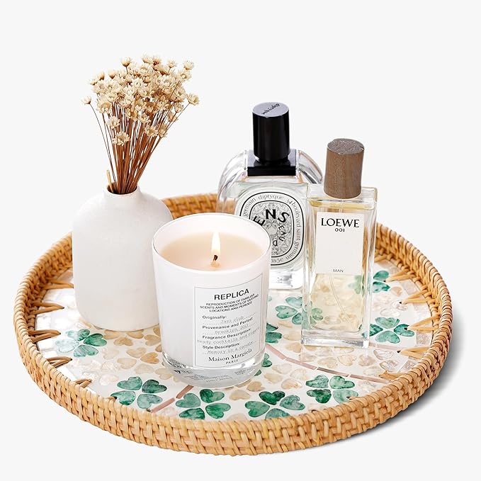 Round Rattan Tray with Mother of Pearl Inlay & Wooden Base - Decorative Wicker Serving Tray for Coffee/Bread/Fruits, Food Storage & Display - Multipurpose Home Decor (M,Four-Leaf Clover)-Ruum Studio Home