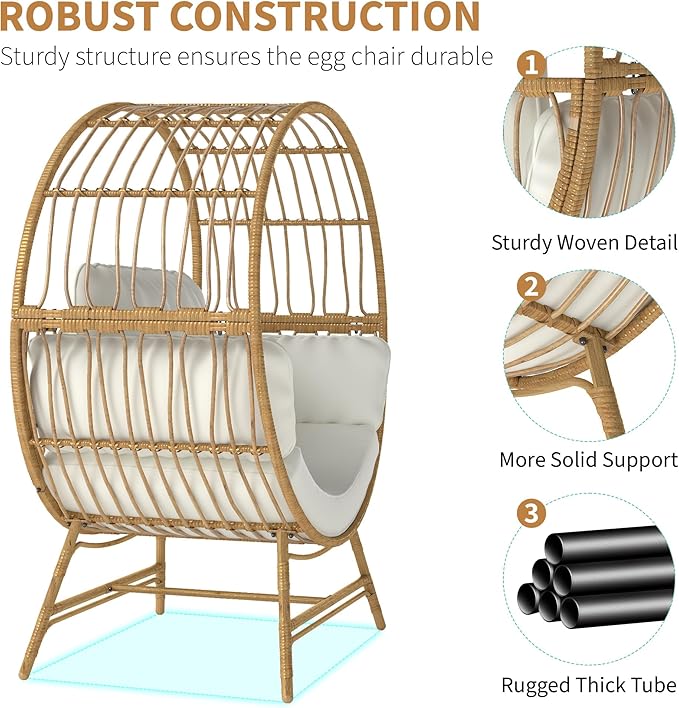 Egg Chair Outdoor Indoor, Oversized Rattan Chair with Thicken Cushion, 350LBS Capacity Wicker Patio Lounge Chair, Basket Chair for Living Room Balcony Porch Backyard, Beige-Ruum Studio Home